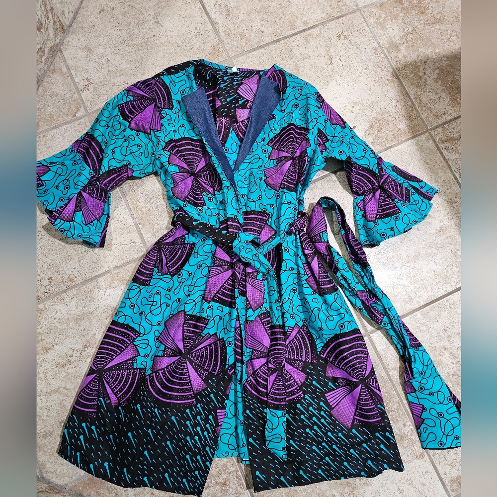 Marine Imports Womens Plus Ankara Turquoise Cotton Wax Print Dress Scarf Rare - Picture 2 of 8
